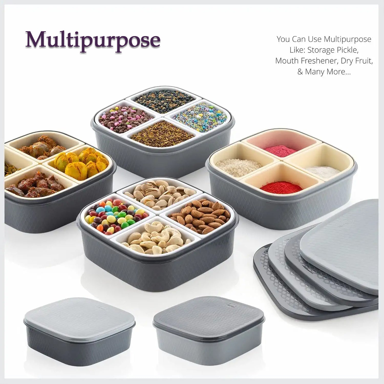 2031H Plastic 4 Sections Multipurpose Dry Fruit/ Chocolates/Mouth Freshener/Sweet Box Set | Serving Tray. DeoDap 2031H Plastic 4 Sections Multipurpose Dry Fruit/ Chocolates/Mouth Freshener/Sweet Box Set | Serving Tray. DeoDap